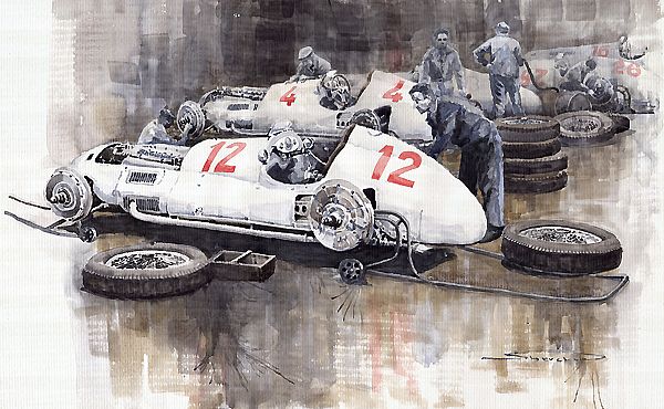 1938 Italian GP Mercedes Benz Team preparation in the paddock