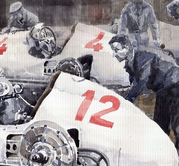 1938 Italian GP Mercedes Benz Team preparation in the paddock