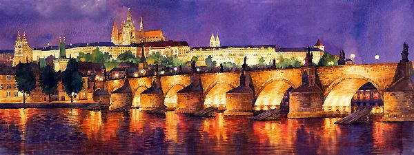 Prague Night Panorama Charles Bridge