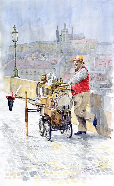 Prague Charles Bridge Organ Grinder-Seller Happiness