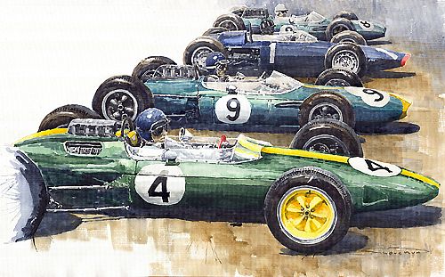 1963 british gp - jim clark (lotus), dan gurney (brabham), graham hill (brm), jack brabham (brabham)