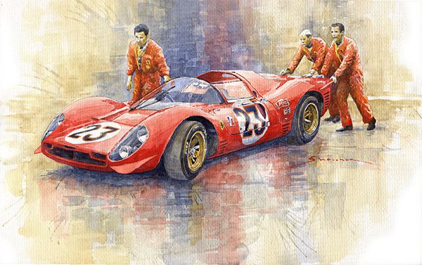 24h Le Mans 1967  ART-PRINT DIN A3 Cult Car Art Ferrari 330 P4 #21