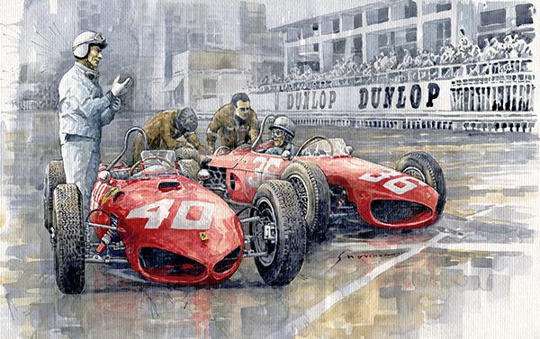 1962 Monaco GP Paddock Ferrari 156 Sharknos #40 Mairesse #36 Hill